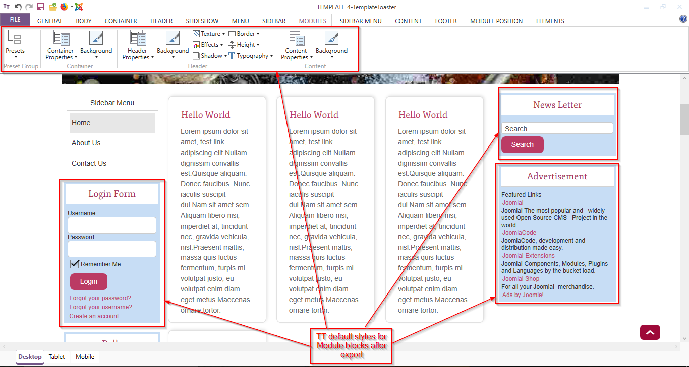 joomla menu style options templatetoaster default